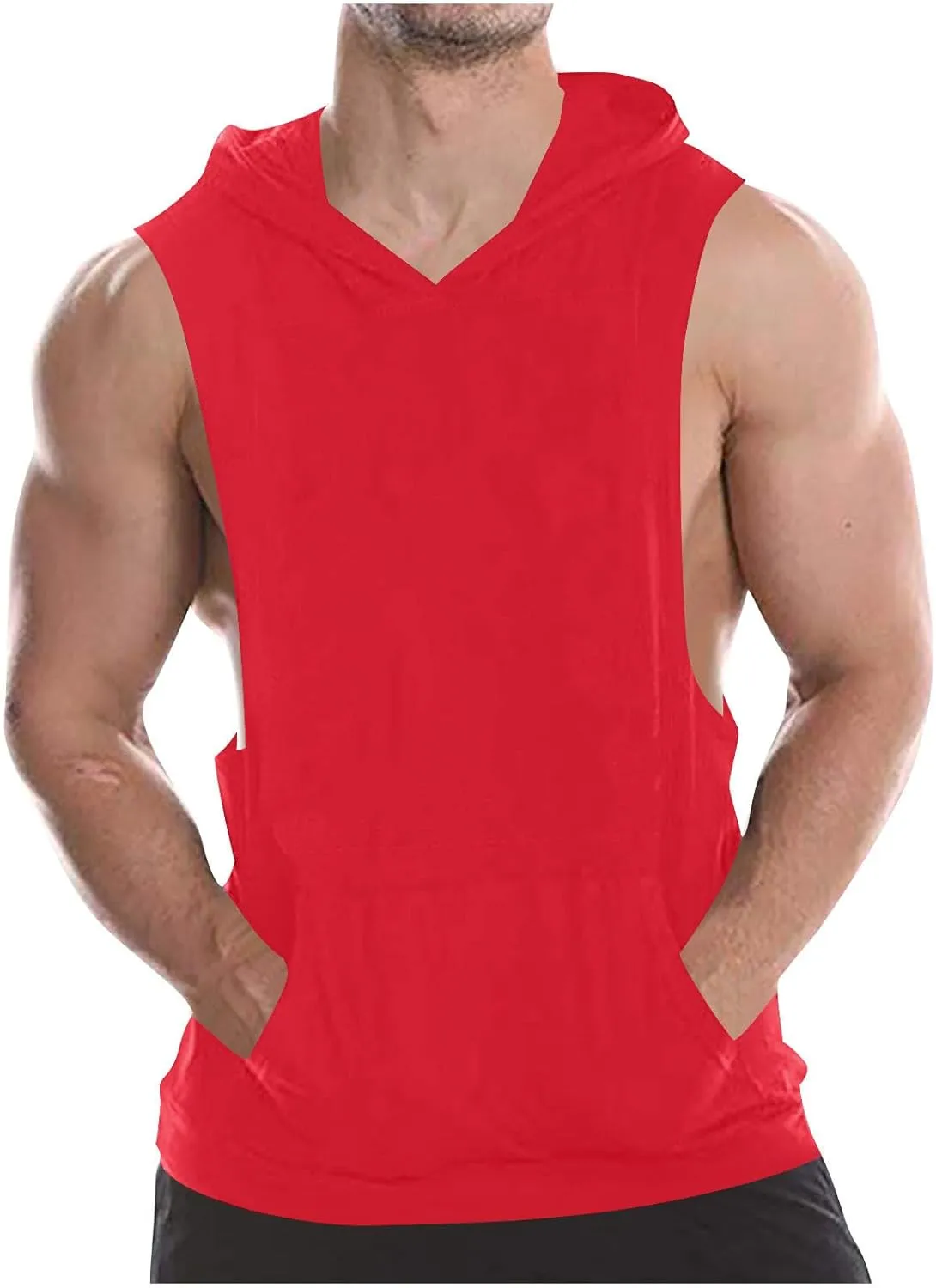Men Cotton Muscle Cut Off Hooded Tank Tops, Solid Color Basic Bodybuilding Training Hoodies Sleeveless Loose Pockets Tees