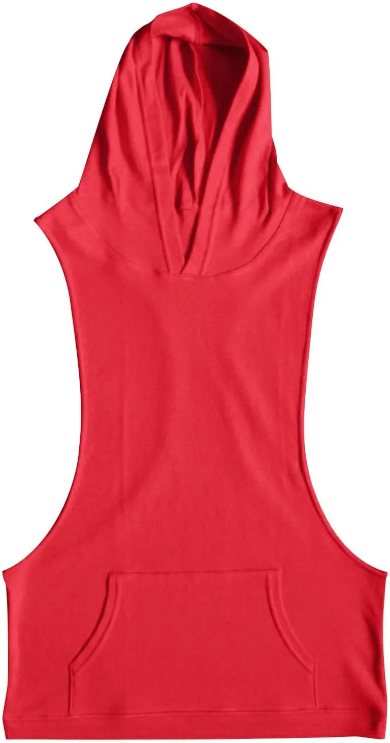 Men Cotton Muscle Cut Off Hooded Tank Tops, Solid Color Basic Bodybuilding Training Hoodies Sleeveless Loose Pockets Tees
