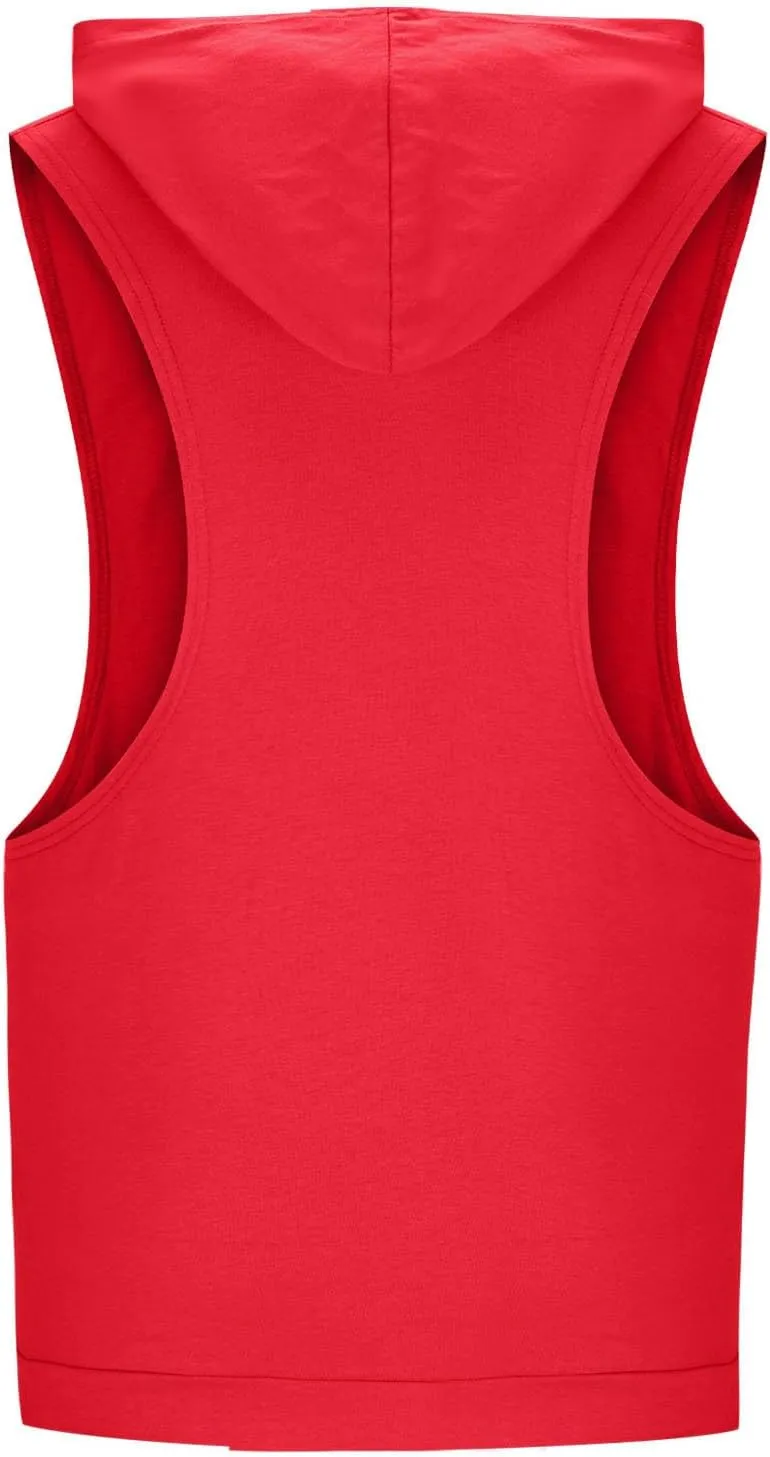 Men Cotton Muscle Cut Off Hooded Tank Tops, Solid Color Basic Bodybuilding Training Hoodies Sleeveless Loose Pockets Tees