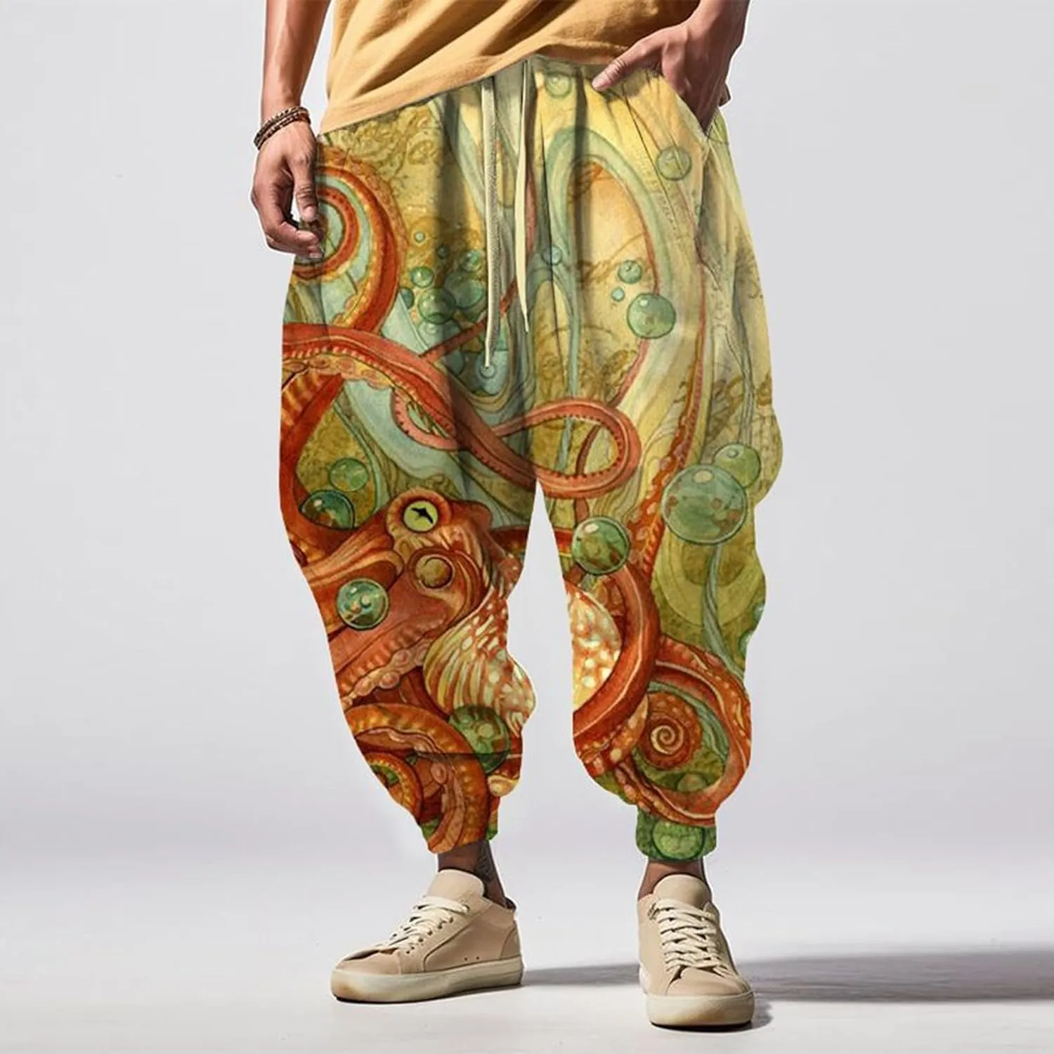 Men Hippie Harem Pants Men's Autumn Fun Print Fashion Street Feel Casual Sweatpants Hiking Outdoor Twill Track Pants