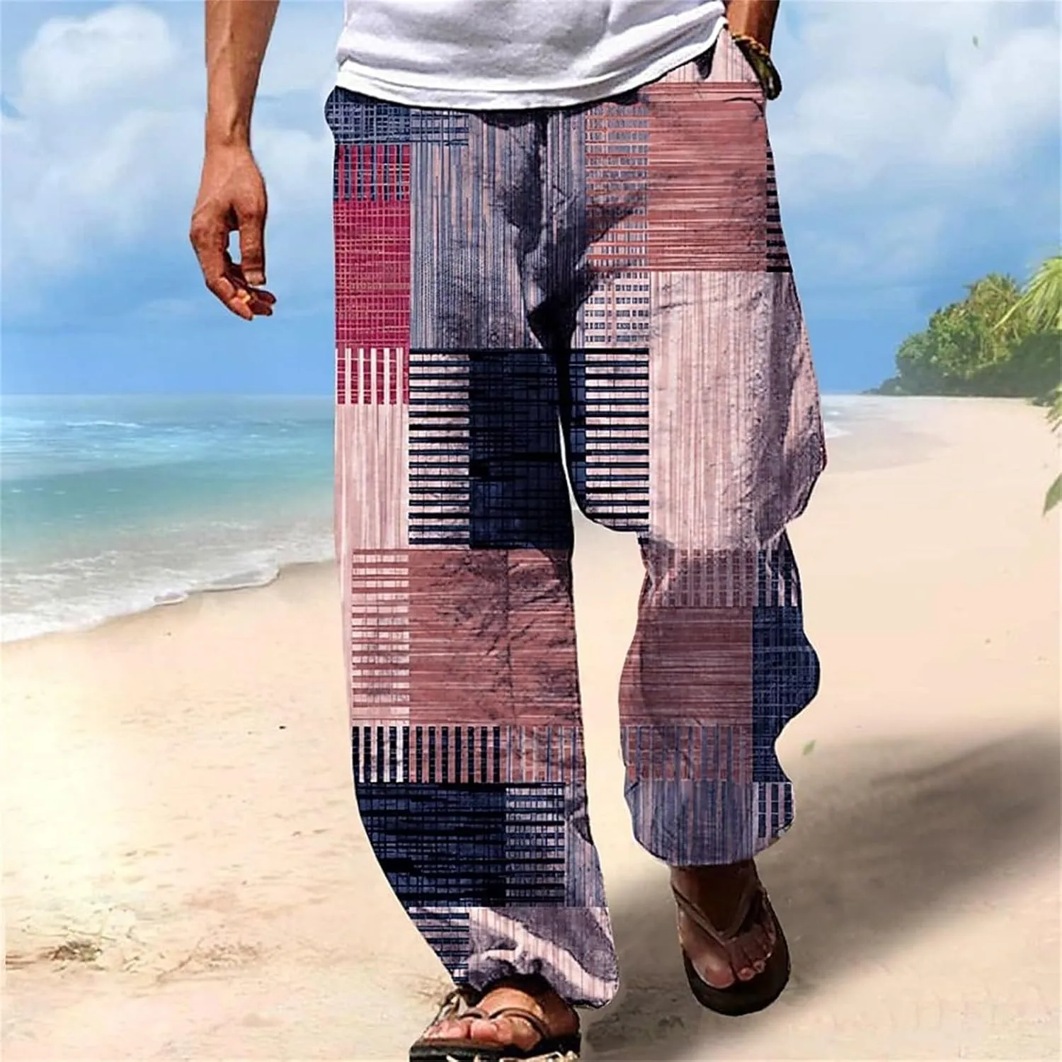 Men's Boho Cotton Linen Pants Casual Loose Fit Straight-Legs Stretchy Waist Beach Pants Athletic Sports Trousers