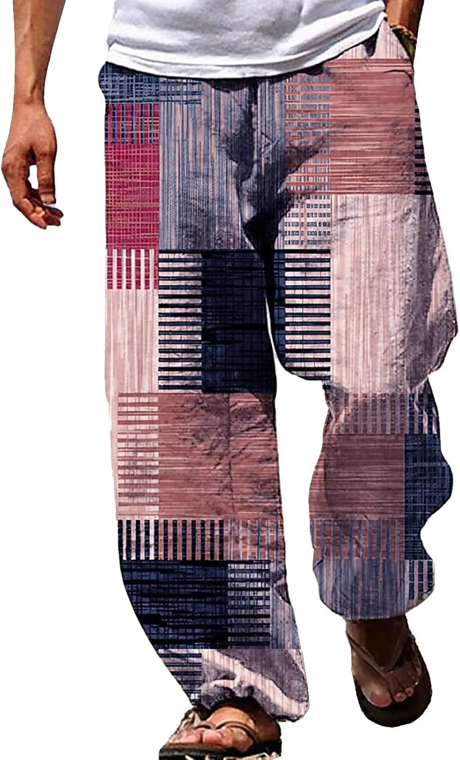 Men's Boho Cotton Linen Pants Casual Loose Fit Straight-Legs Stretchy Waist Beach Pants Athletic Sports Trousers