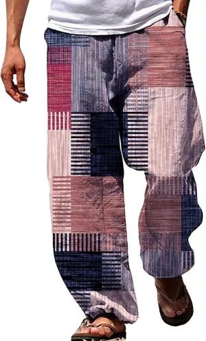 Men's Boho Cotton Linen Pants Casual Loose Fit Straight-Legs Stretchy Waist Beach Pants Athletic Sports Trousers