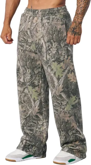 Mens Camo Graphic Print Sweatpants Athletic Gym Joggers Streetwear Pants Elastic Waist Wide Leg Workout Bottoms