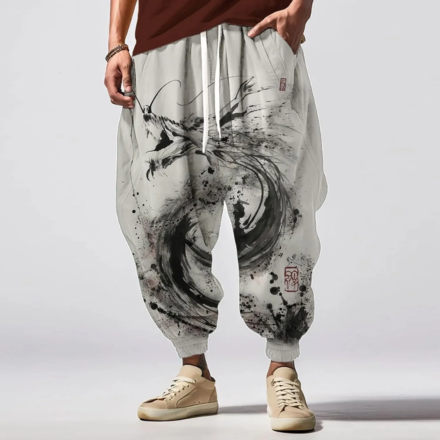 Mens Casual Harem Pants Men's Autumn Fun Print Fashion Street Feel Casual Elastic Waist Drawstring Hippie Trousers