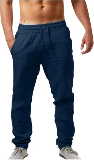Mens Casual Pants Summer Cotton Linen Beach Pants Classic Solid Color Trousers Lounge Pant Hiking Gym Joggers