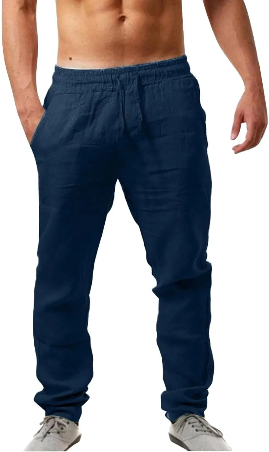 Mens Casual Pants Summer Cotton Linen Beach Pants Classic Solid Color Trousers Lounge Pant Hiking Gym Joggers