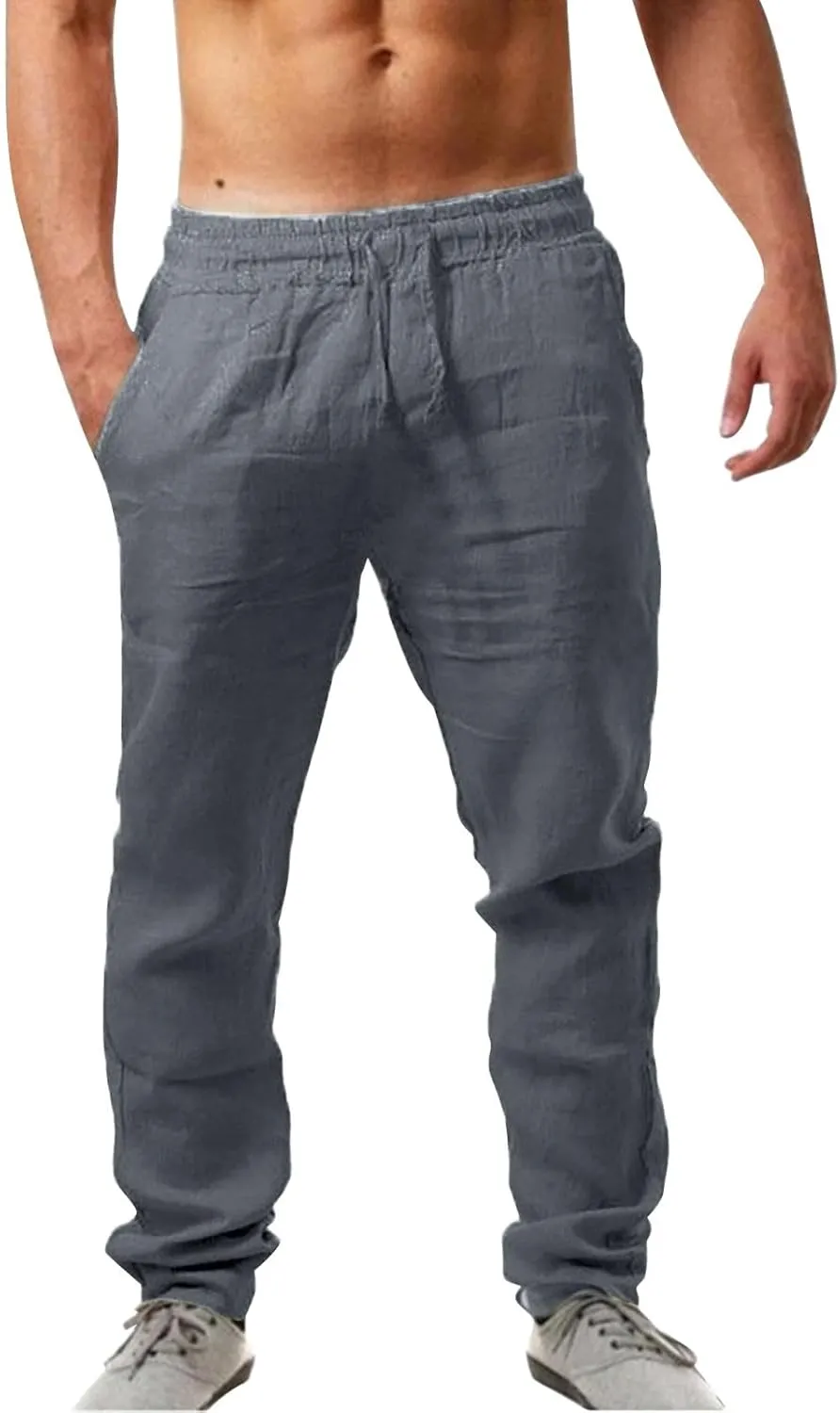 Mens Casual Pants Summer Cotton Linen Beach Pants Classic Solid Color Trousers Lounge Pant Hiking Gym Joggers