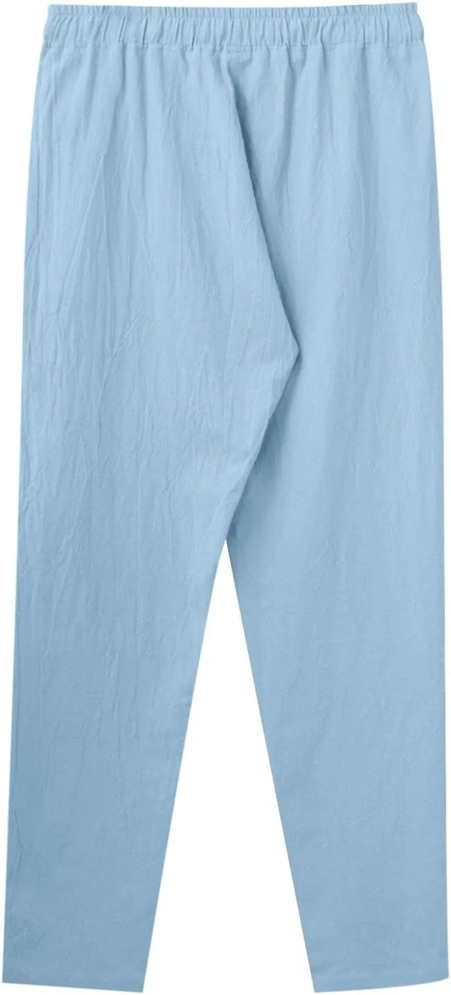 Mens Casual Pants Summer Cotton Linen Beach Pants Classic Solid Color Trousers Lounge Pant Hiking Gym Joggers