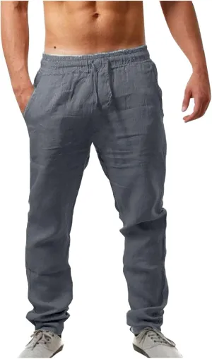 Mens Casual Pants Summer Cotton Linen Beach Pants Classic Solid Color Trousers Lounge Pant Hiking Gym Joggers