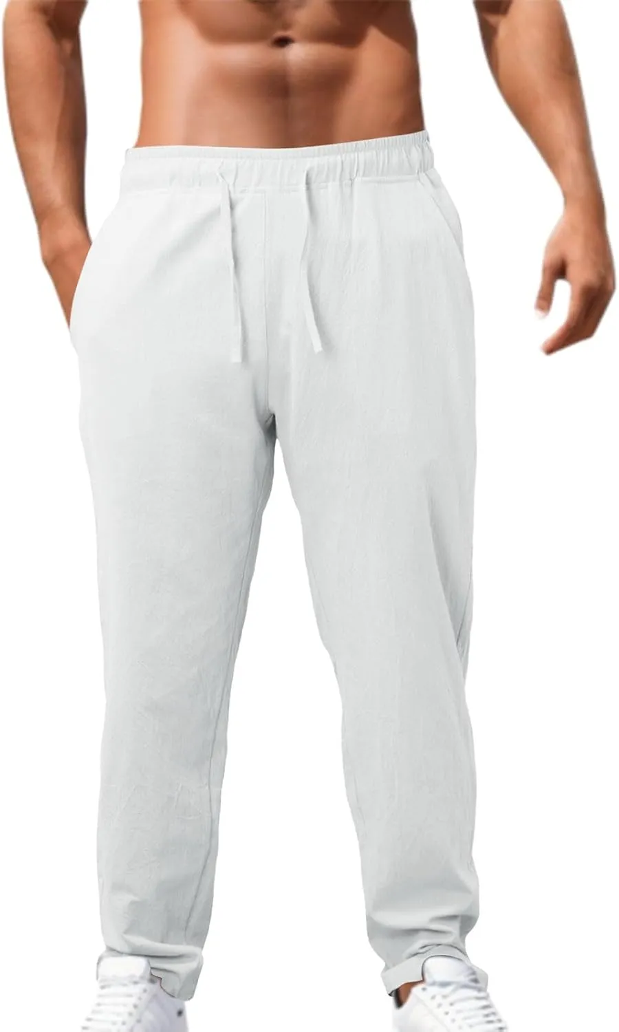 Mens Casual Pants Summer Cotton Linen Beach Pants Classic Solid Color Trousers Lounge Pant Hiking Gym Joggers