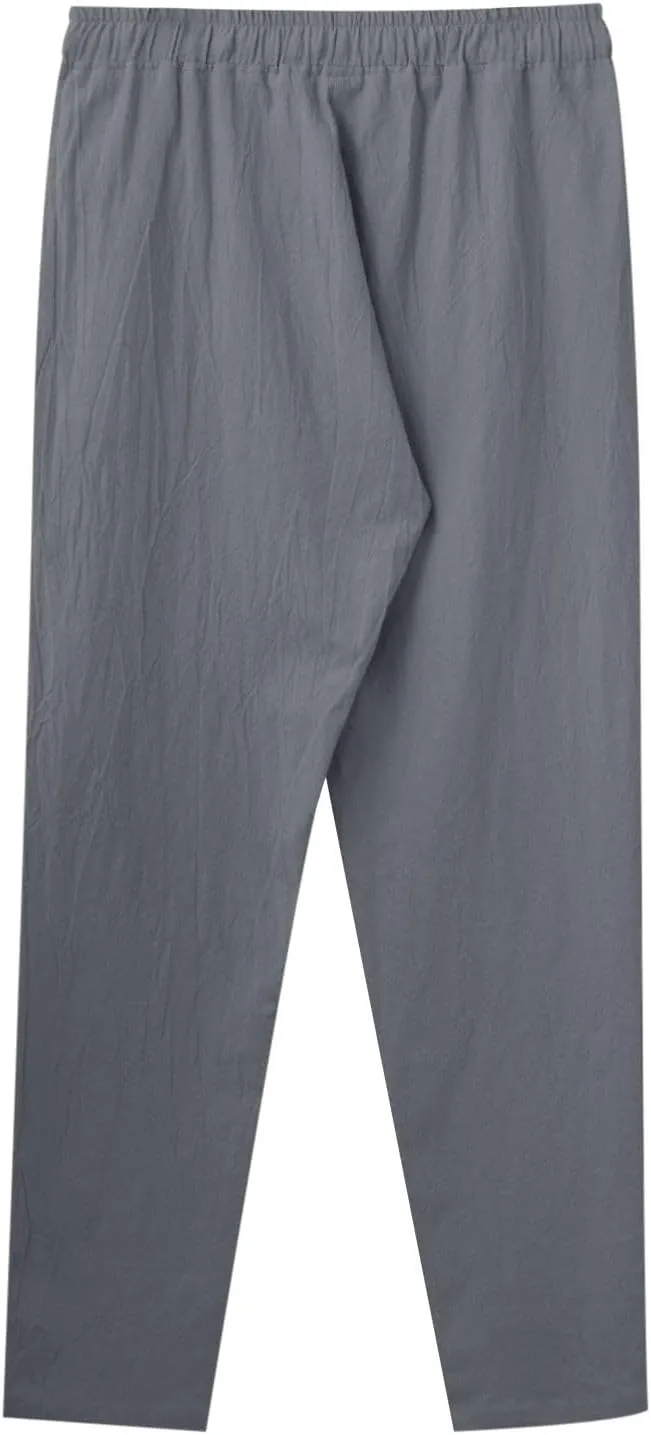 Mens Casual Pants Summer Cotton Linen Beach Pants Classic Solid Color Trousers Lounge Pant Hiking Gym Joggers