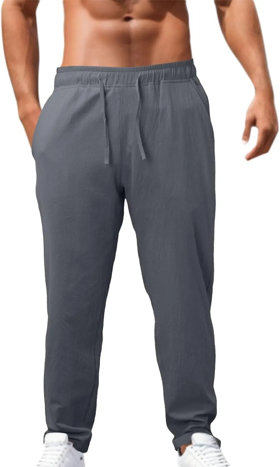 Mens Casual Pants Summer Cotton Linen Beach Pants Classic Solid Color Trousers Lounge Pant Hiking Gym Joggers