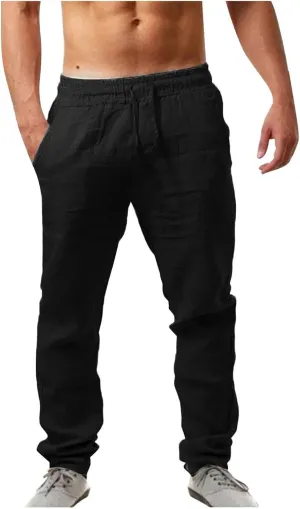 Mens Casual Pants Summer Cotton Linen Beach Pants Classic Solid Color Trousers Lounge Pant Hiking Gym Joggers