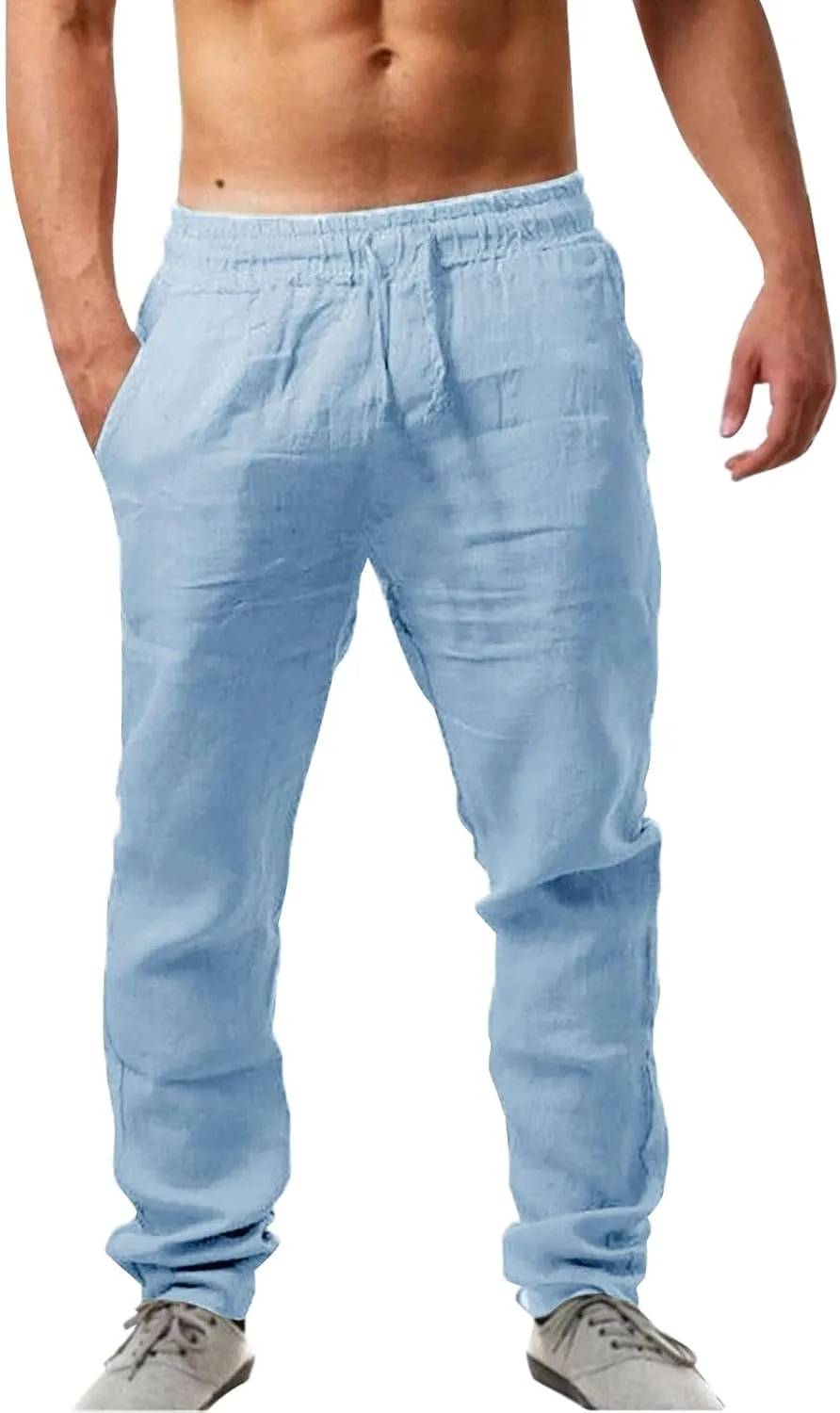 Mens Casual Pants Summer Cotton Linen Beach Pants Classic Solid Color Trousers Lounge Pant Hiking Gym Joggers