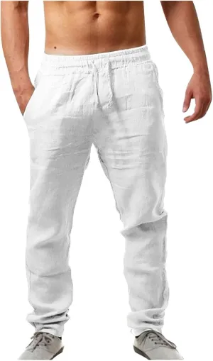 Mens Casual Pants Summer Cotton Linen Beach Pants Classic Solid Color Trousers Lounge Pant Hiking Gym Joggers