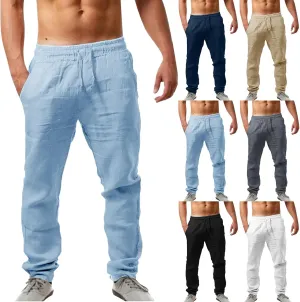 Mens Casual Pants Summer Cotton Linen Beach Pants Classic Solid Color Trousers Lounge Pant Hiking Gym Joggers