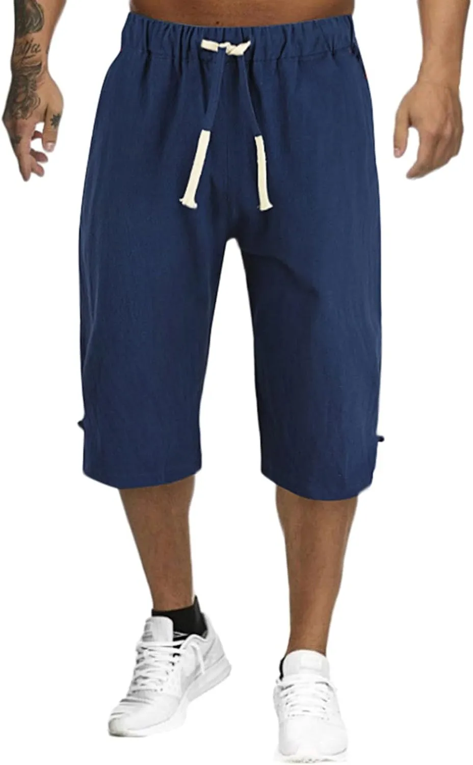Mens Elastic Waist Drawstring Workout Gym Joggers 3/4 Shorts Summer Casual Sweat Short Pants with Pockets
