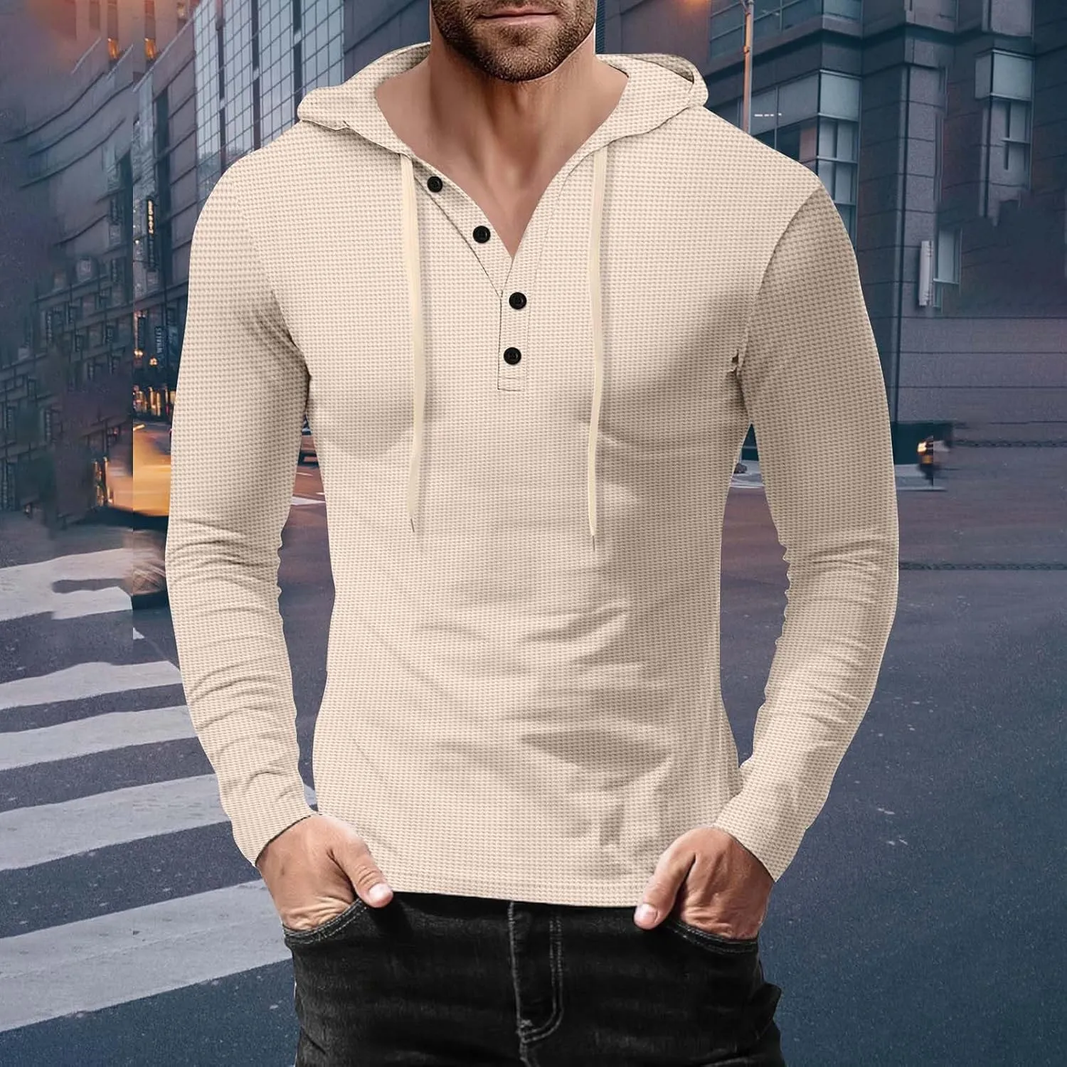 Men's Hoodie Sweatshirt Long Sleeve Button Down Henley Shirts Pullover Tops Drawstring Solid Casual Outdoor T-Shirt
