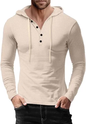 Men's Hoodie Sweatshirt Long Sleeve Button Down Henley Shirts Pullover Tops Drawstring Solid Casual Outdoor T-Shirt