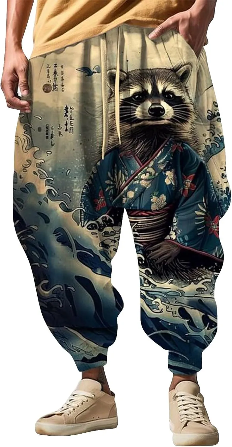 Men's Linen Harem Drawstring Pants Men's Autumn Fun Print Fashion Street Feel Casual Hiking Outdoor Twill Track