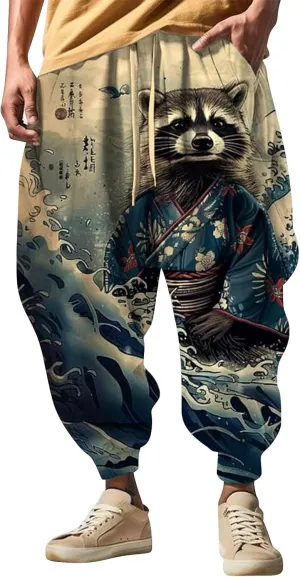 Men's Linen Harem Drawstring Pants Men's Autumn Fun Print Fashion Street Feel Casual Hiking Outdoor Twill Track
