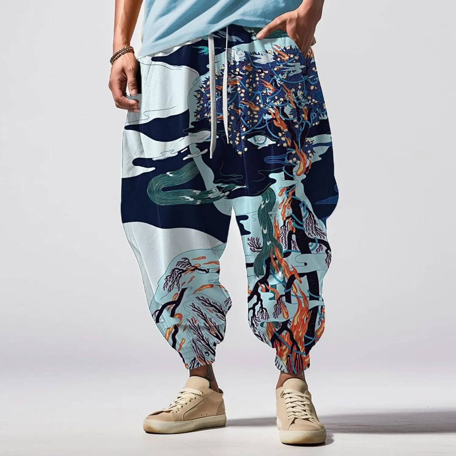 Men's Linen Harem Drawstring Pants Men's Autumn Fun Print Fashion Street Feel Casual Loose Drop Crotch Trousers Gym