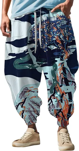 Men's Linen Harem Drawstring Pants Men's Autumn Fun Print Fashion Street Feel Casual Loose Drop Crotch Trousers Gym