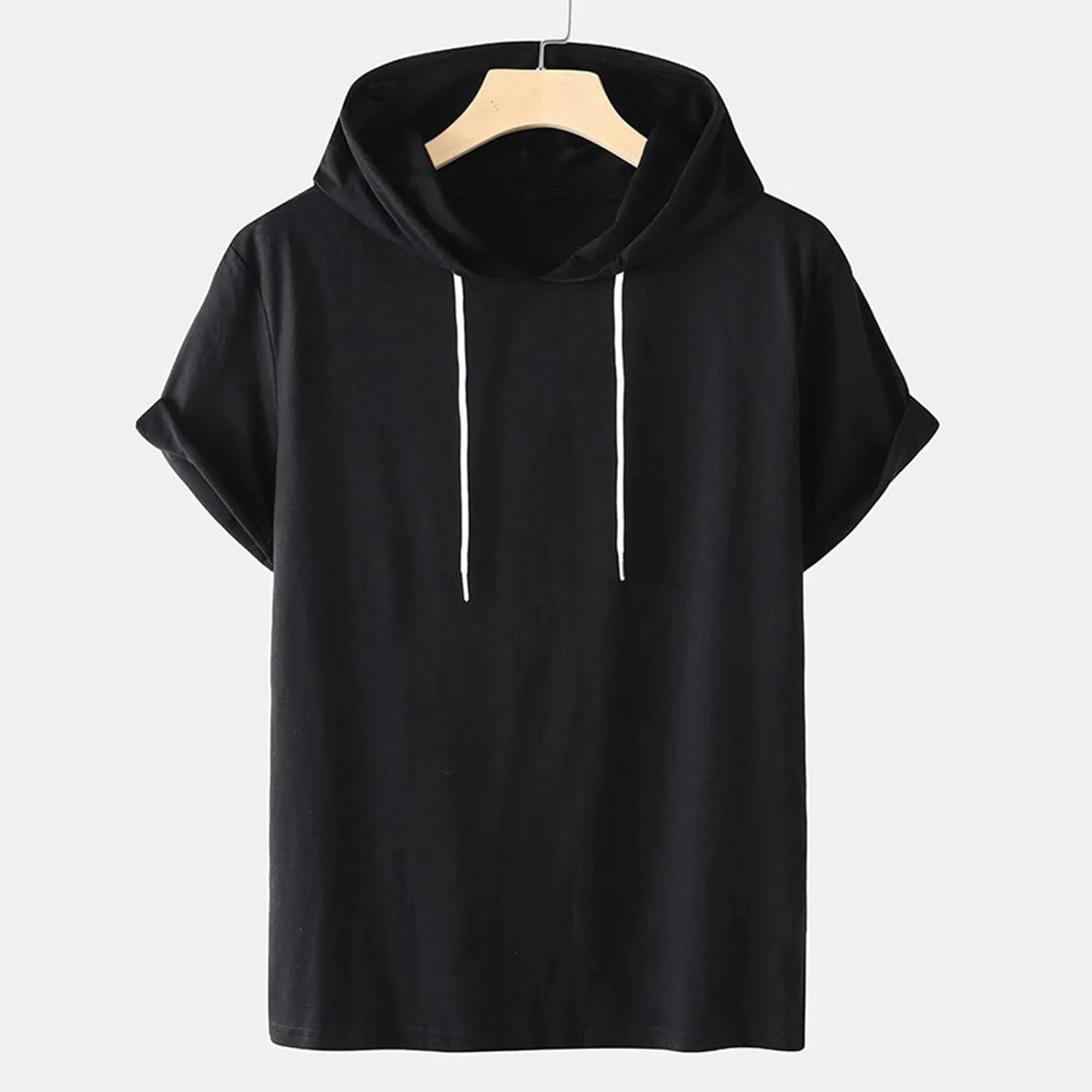 Mens Short Sleeve Hoodie Sweatshirts Drawstring Hooded Pullover Sports Tops