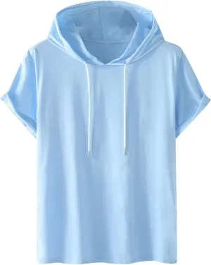 Mens Short Sleeve Hoodie Sweatshirts Drawstring Hooded Pullover Sports Tops