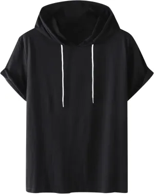 Mens Short Sleeve Hoodie Sweatshirts Drawstring Hooded Pullover Sports Tops