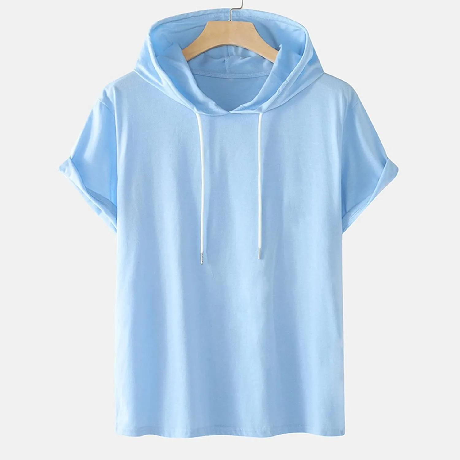 Mens Short Sleeve Hoodie Sweatshirts Drawstring Hooded Pullover Sports Tops