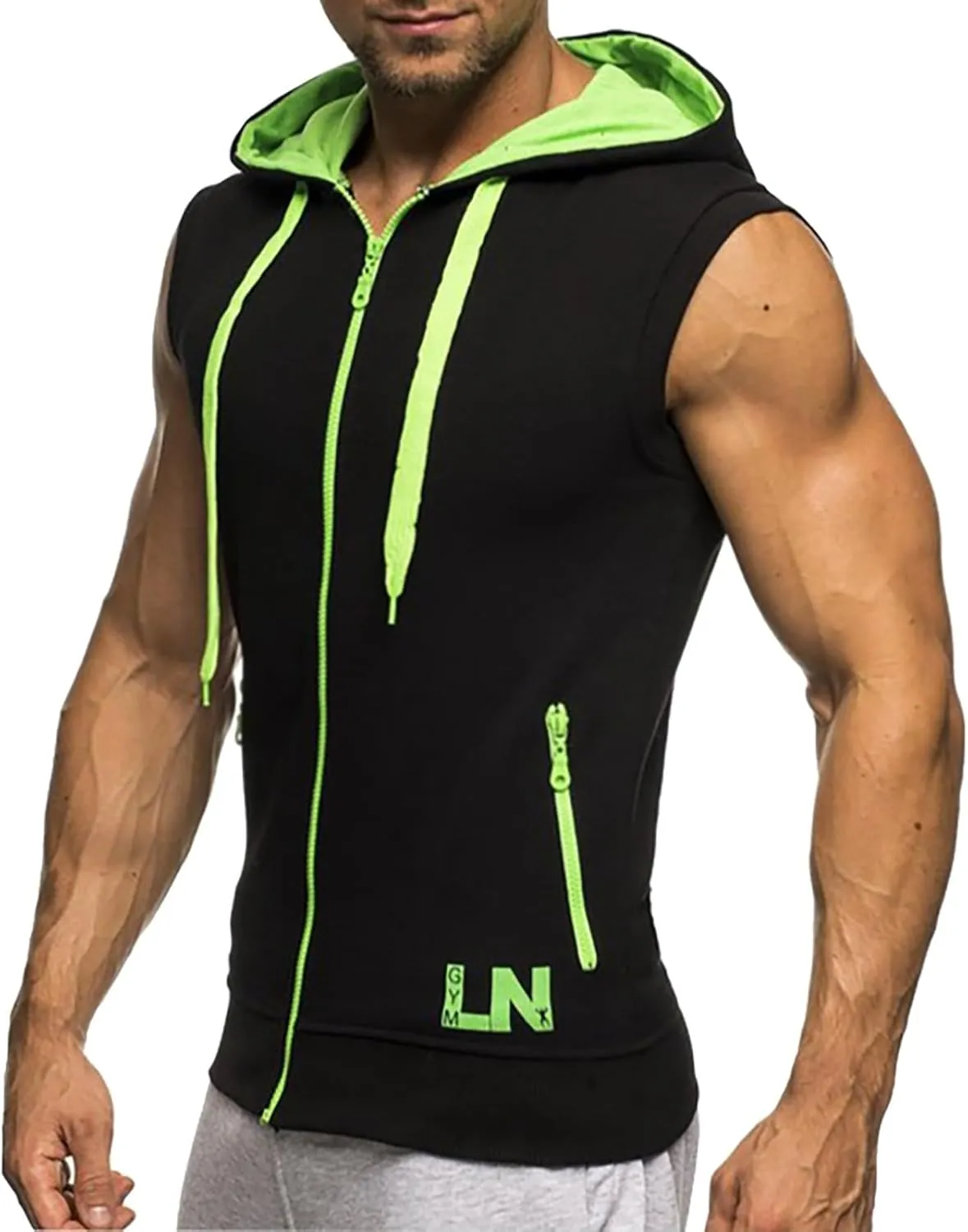 Mens Sleeveless Hoodies Shirts Full Zip Color Block Tank Tops Workout Outdoor Fashion Casual Running Sport T-Shirts