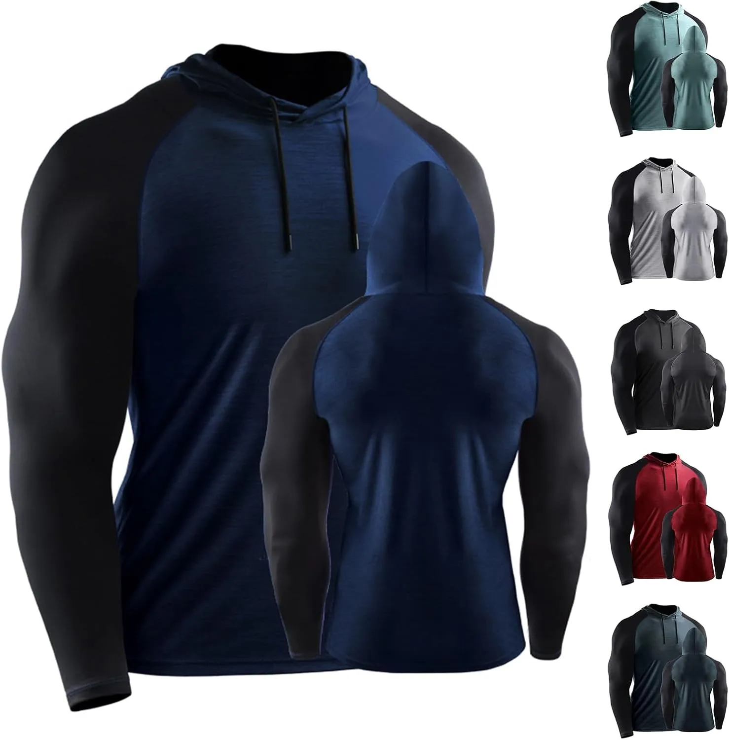 Men's Slim Fit Long Sleeve Hoodie Shirts with Drawstring Color Block Sweatshirt Casual Hooded Outdoor Pullover Tops
