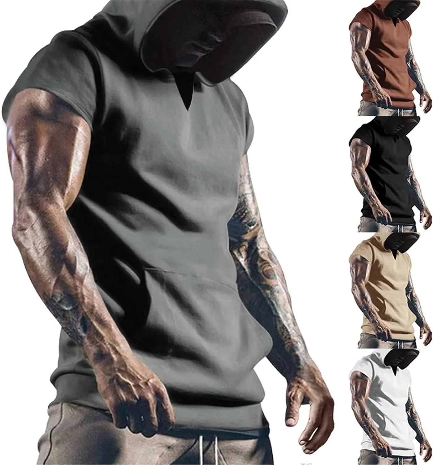 Mens Tank Top Hoodie Men's Hoodies Sleeveless Vest Slim Fit Zipper Gym Tank Top with Zip Pocket