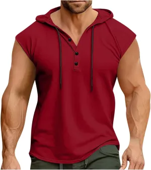 Men's Workout Drawstring Hoodies Sleeveless Button Down Running Gym Tank Top 2025 Summer Casual Athletic Shirt Tops