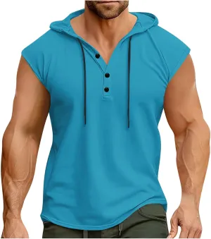 Men's Workout Drawstring Hoodies Sleeveless Button Down Running Gym Tank Top 2025 Summer Casual Athletic Shirt Tops