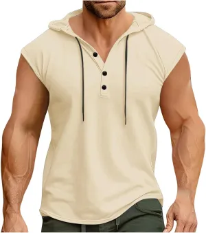 Men's Workout Drawstring Hoodies Sleeveless Button Down Running Gym Tank Top 2025 Summer Casual Athletic Shirt Tops