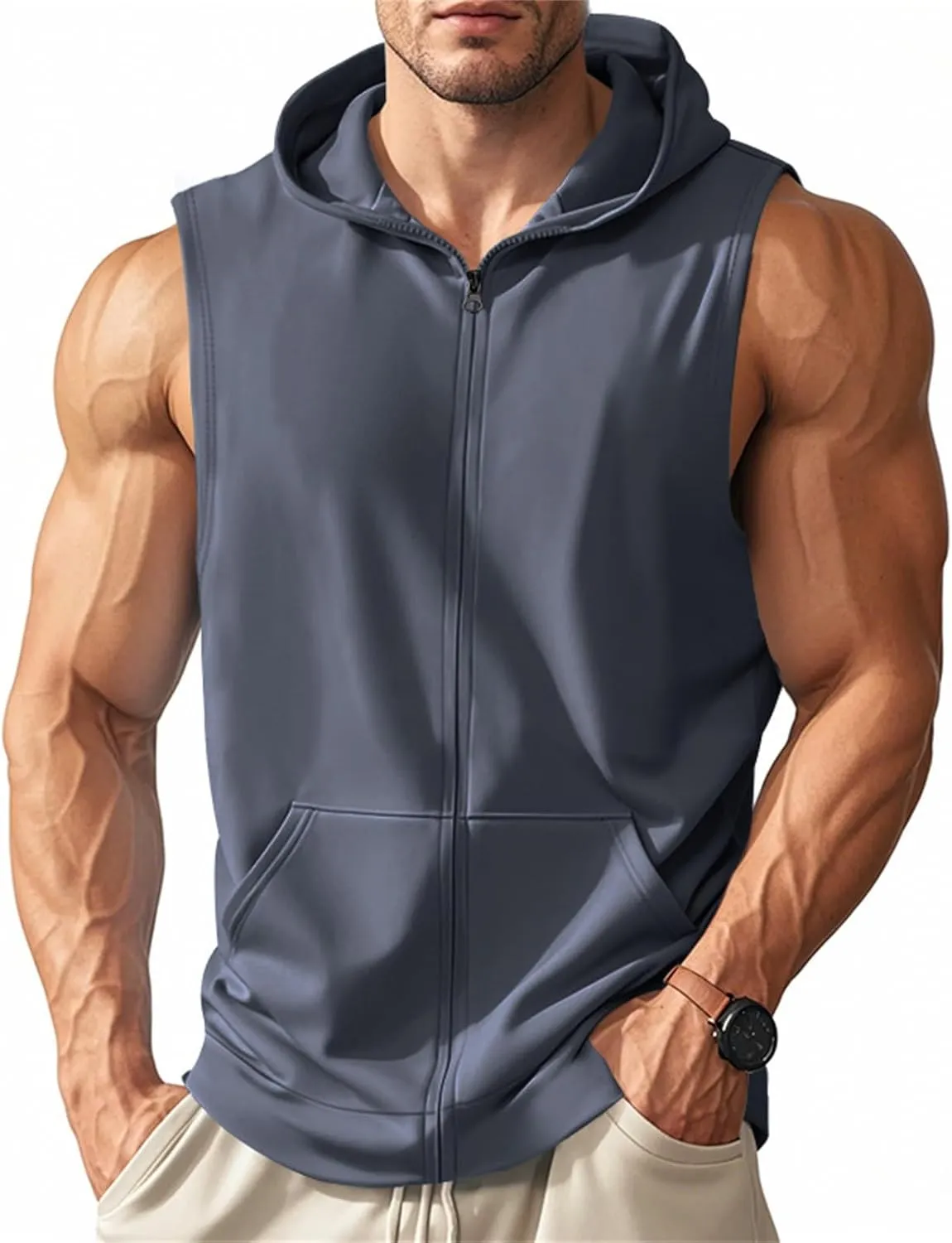 Mens Workout Hooded Tank Top Muscle Cut Off Zip Up Sleeveless Gym Shirt Loose Bodybuilding Fitness Hoodie with Pocket