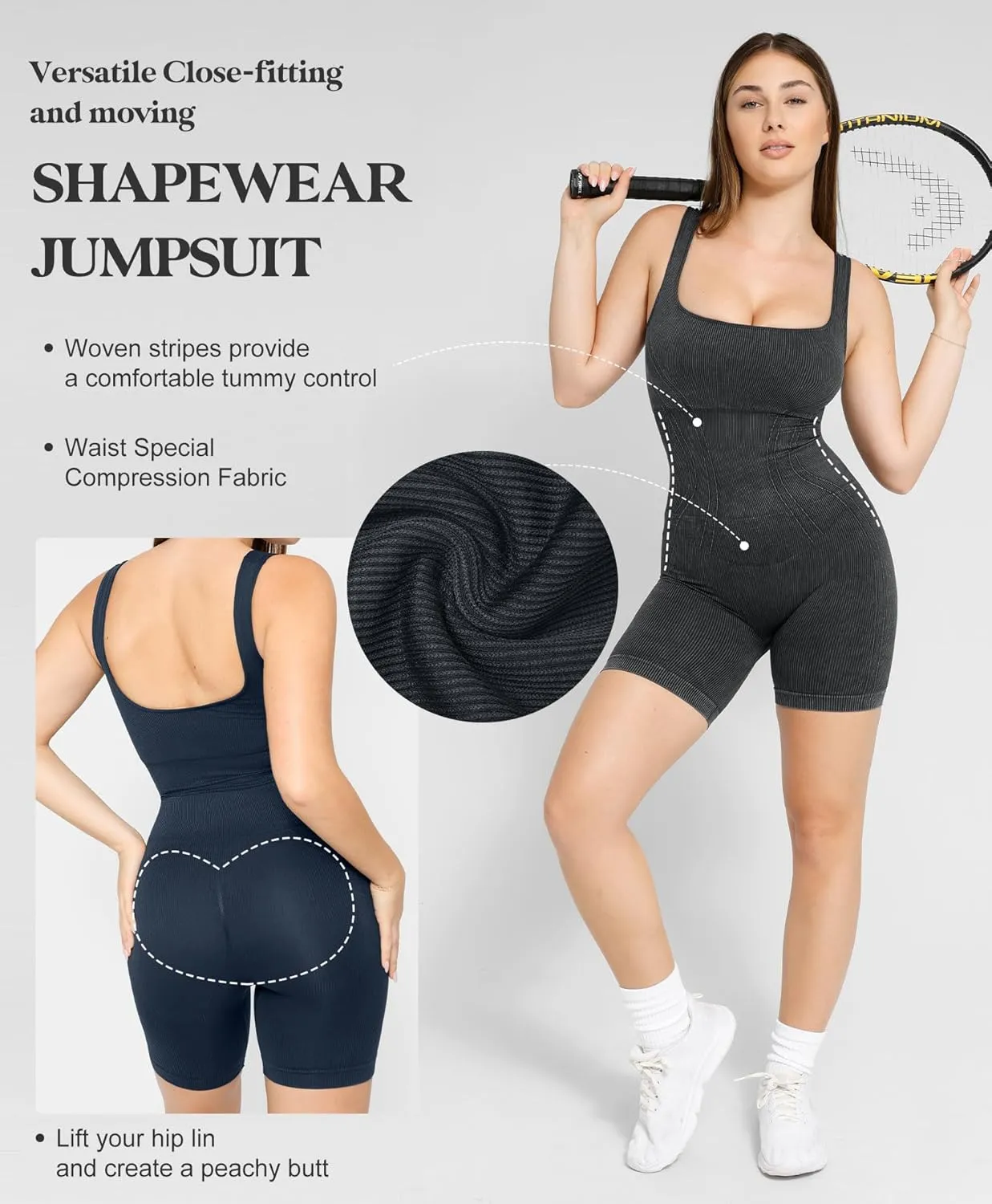 Popilush Shapewear Jumpsuits For Women Tummy Control Causual Jumpsuit Bodycon Formal Square Neck Romper