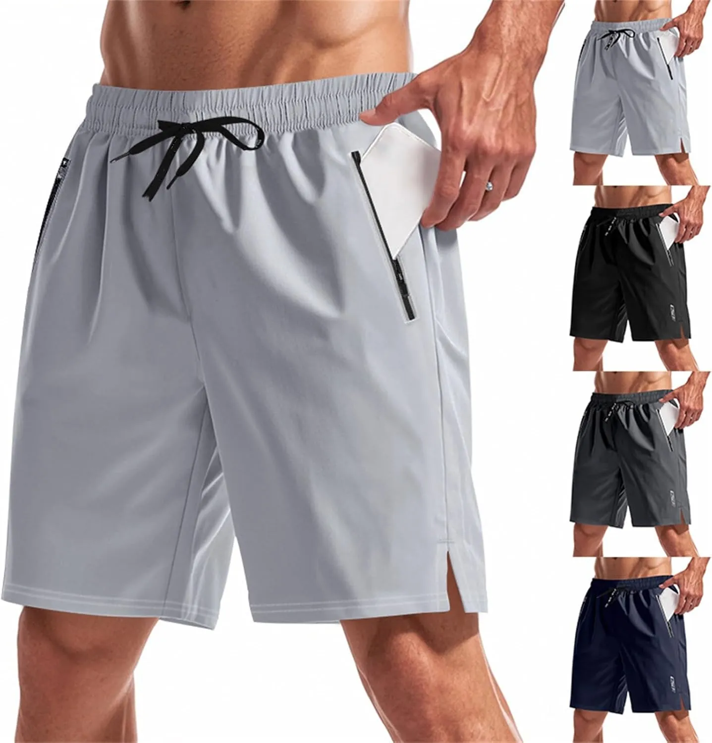 Quick Dry Shorts Men Summer Drawstring Elastic Waist Gym Shorts Baggy Lightweight Night Running Pants W/Zipper Pocket