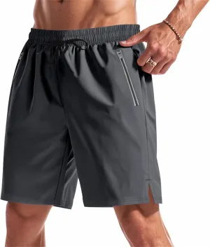 Quick Dry Shorts Men Summer Drawstring Elastic Waist Gym Shorts Baggy Lightweight Night Running Pants W/Zipper Pocket