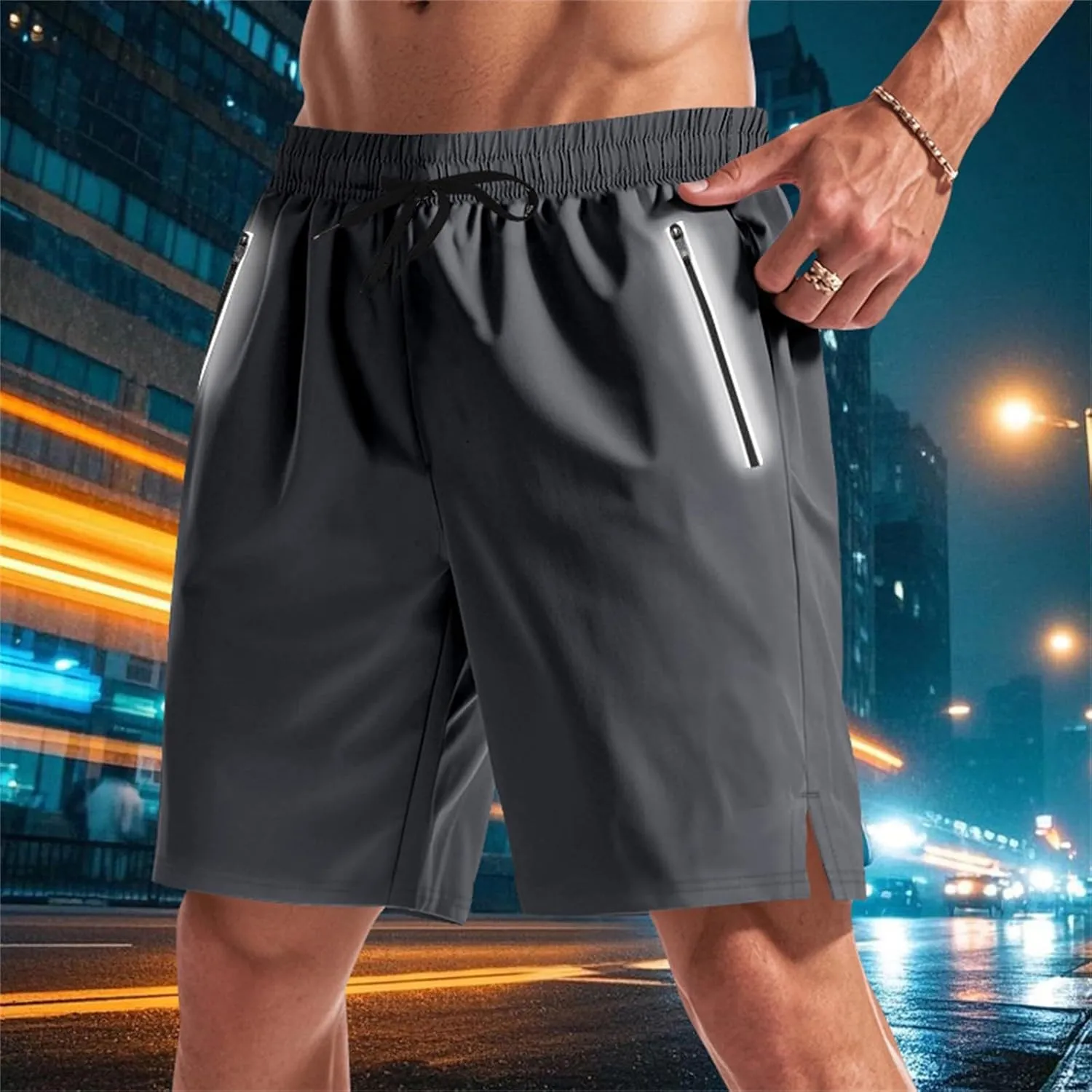 Quick Dry Shorts Men Summer Drawstring Elastic Waist Gym Shorts Baggy Lightweight Night Running Pants W/Zipper Pocket
