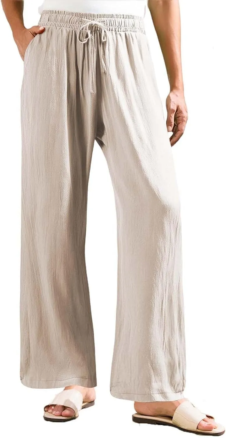 Resort Wear for Women 2025 Linen Pants Wide Leg Summer Casual Loose Pants High Waist Drawstring Pockets Beach Trousers