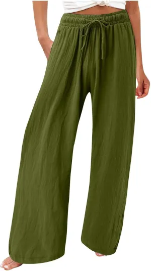 Resort Wear for Women 2025 Linen Pants Wide Leg Summer Casual Loose Pants High Waist Drawstring Pockets Beach Trousers