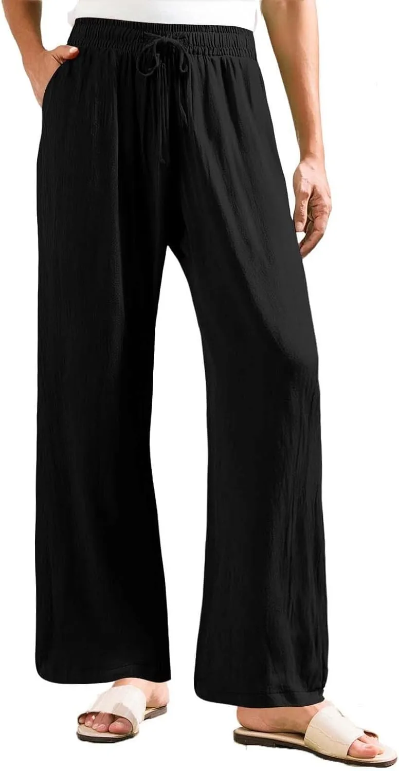 Resort Wear for Women 2025 Linen Pants Wide Leg Summer Casual Loose Pants High Waist Drawstring Pockets Beach Trousers