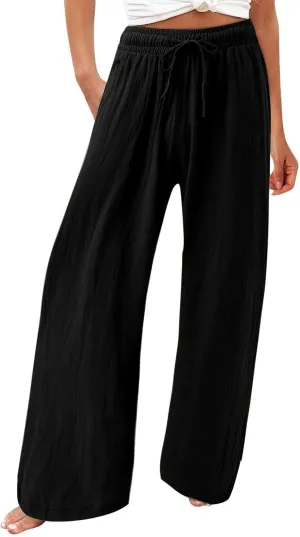 Resort Wear for Women 2025 Linen Pants Wide Leg Summer Casual Loose Pants High Waist Drawstring Pockets Beach Trousers