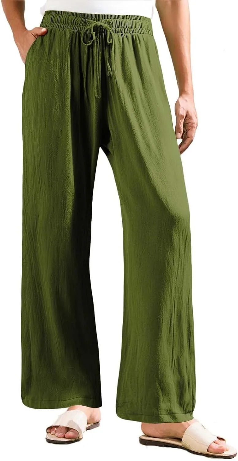 Resort Wear for Women 2025 Linen Pants Wide Leg Summer Casual Loose Pants High Waist Drawstring Pockets Beach Trousers