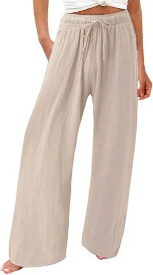 Resort Wear for Women 2025 Linen Pants Wide Leg Summer Casual Loose Pants High Waist Drawstring Pockets Beach Trousers