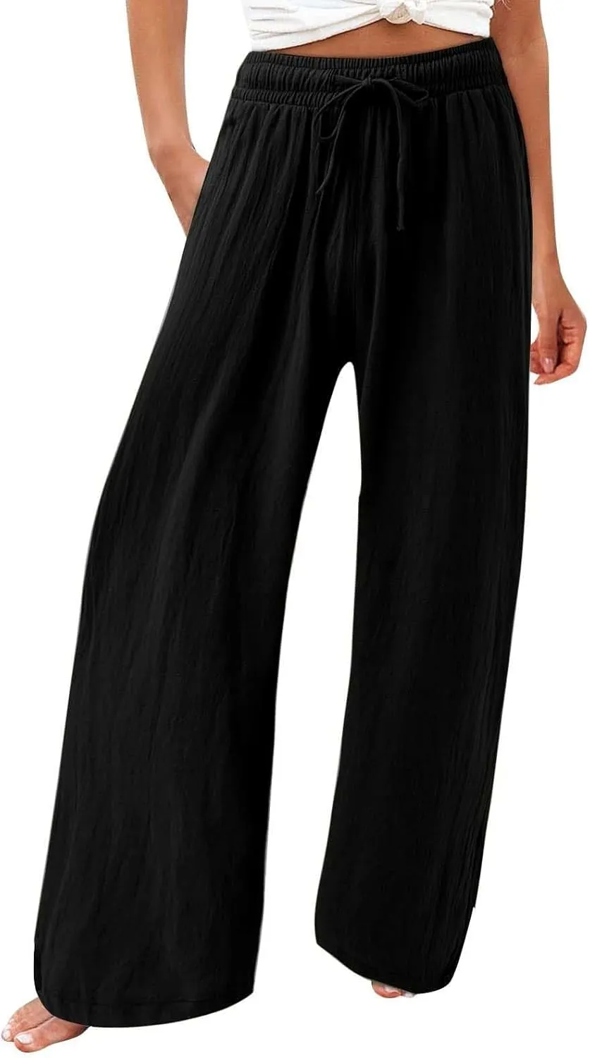 Resort Wear for Women 2025 Linen Pants Wide Leg Summer Casual Loose Pants High Waist Drawstring Pockets Beach Trousers